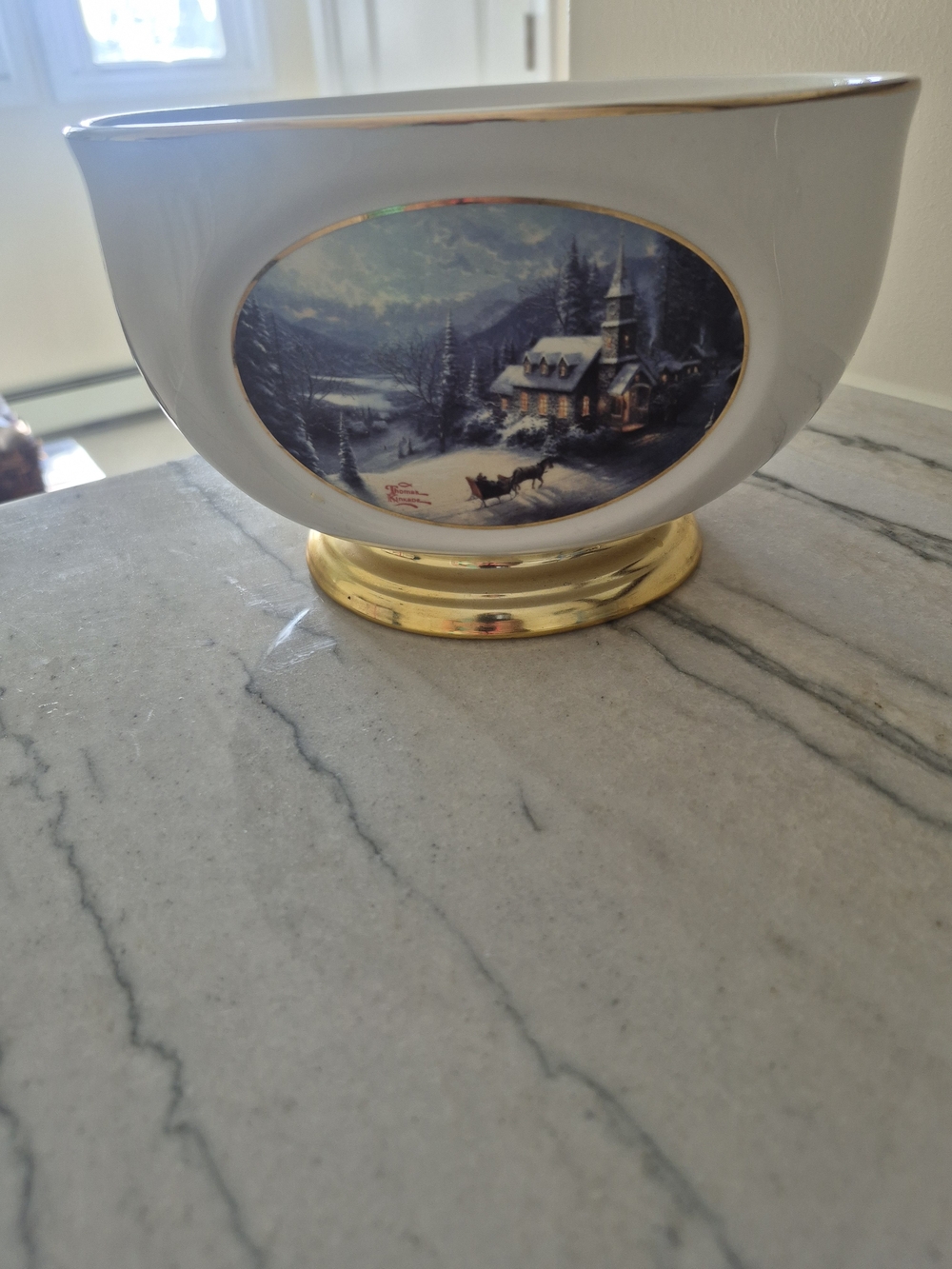 Gold-Trim White Holiday Decorative Bowl with Thomas Kinkade Winter Village Scene